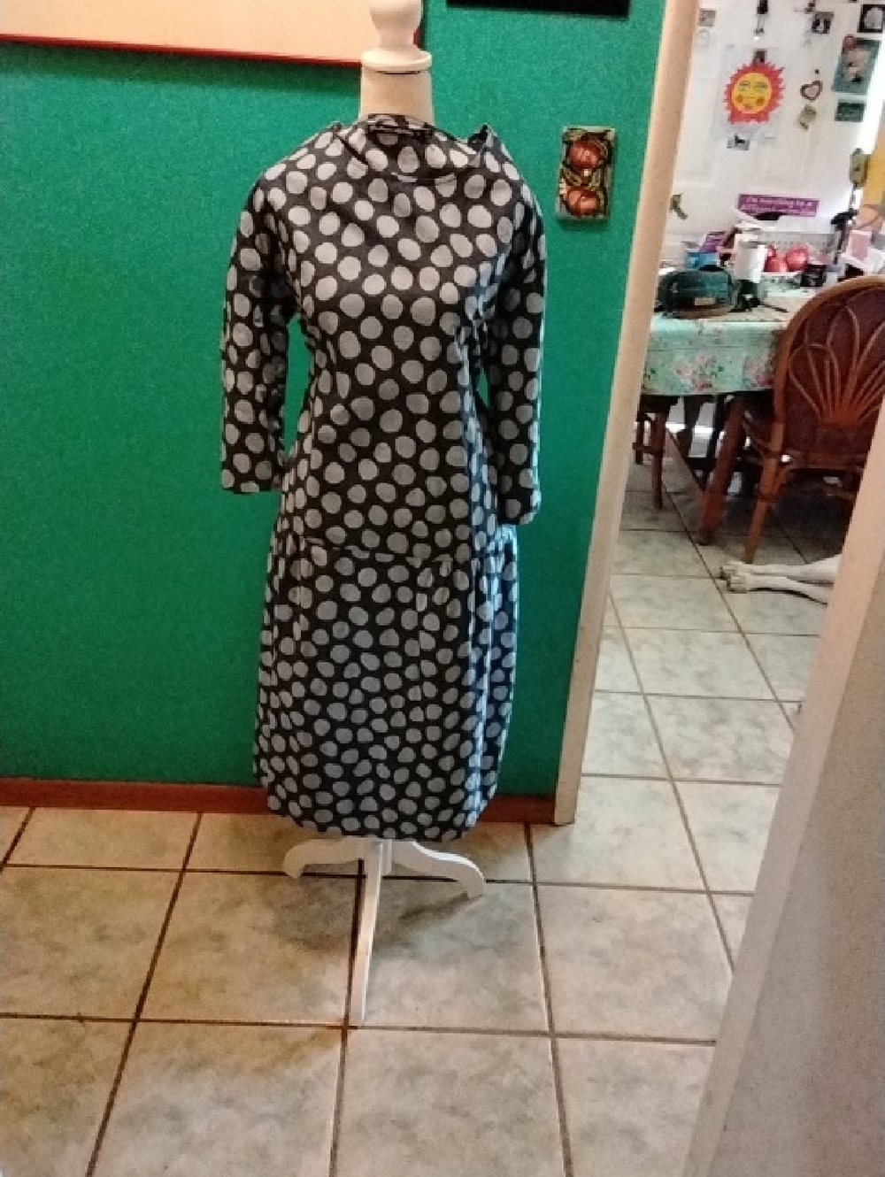 Long Sleeve Dark Blue/light Blue Polka Dot Midi Dress